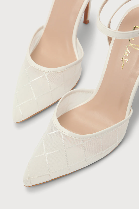 Louize White Embroidered Ankle-Strap Heels