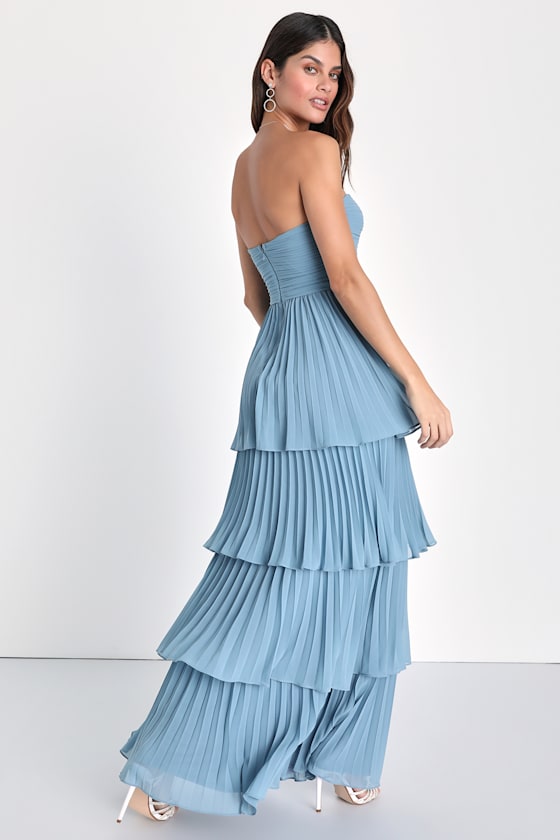 Seriously Sensational Light Blue Strapless Tiered Maxi Dress