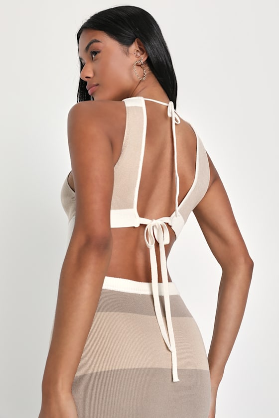 Chic Obsession Beige Striped Tie-Back Sleeveless Sweater Dress