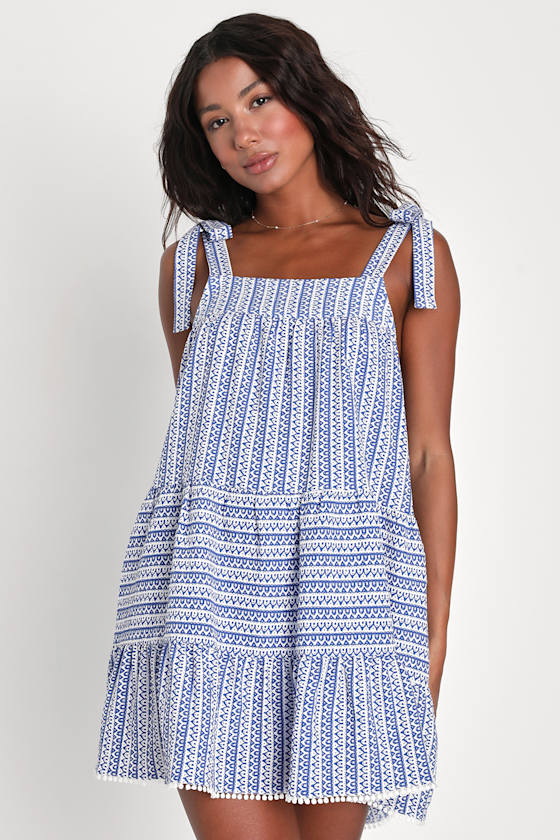 Chic in Santorini Blue and White Tie-Strap Dress With Pockets