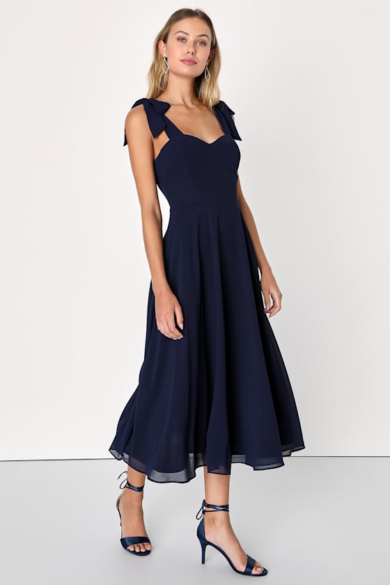 Sophisticated Charisma Navy Blue Tie-Strap A-Line Midi Dress