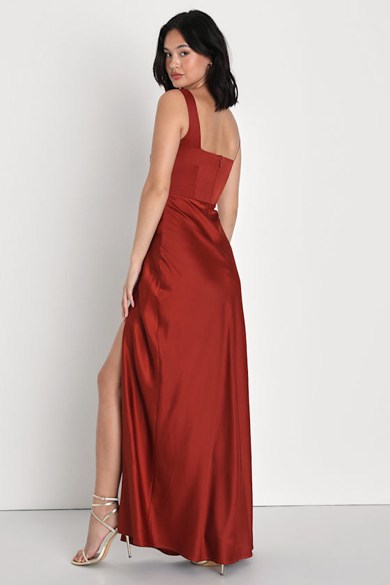 Red Carpet Romance Rust Orange Satin Square Neck Maxi Dress