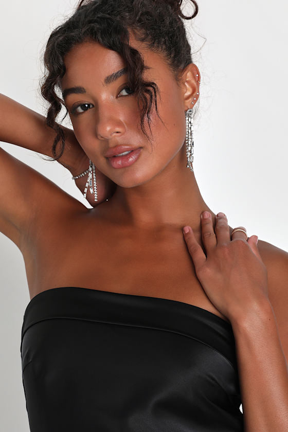 Exquisite Approach Black Satin Strapless Cowl Back Mini Dress