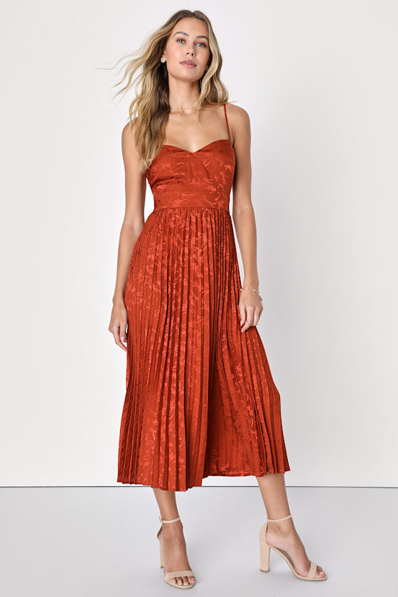 Regal Romance Rust Floral Jacquard Pleated Satin Midi Dress