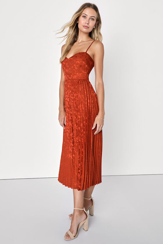 Regal Romance Rust Floral Jacquard Pleated Satin Midi Dress