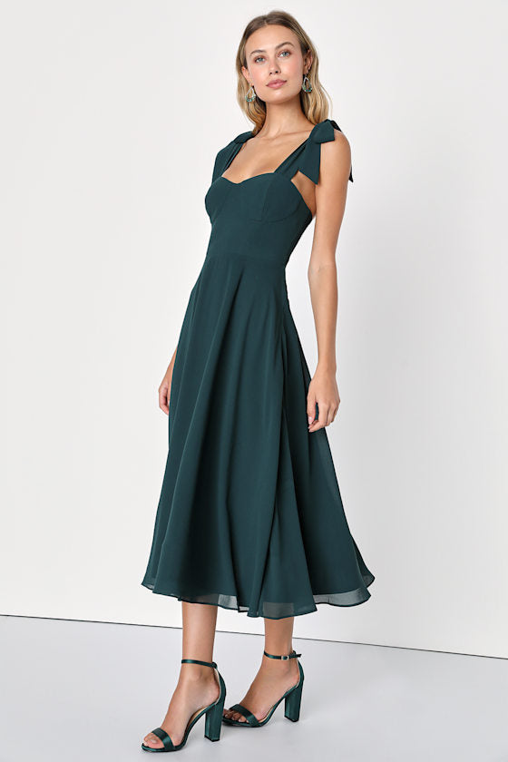 Sophisticated Charisma Dark Teal Tie-Strap A-Line Midi Dress