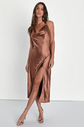 Sophisticated Impression Brown Satin Backless Cowl Midi Dress