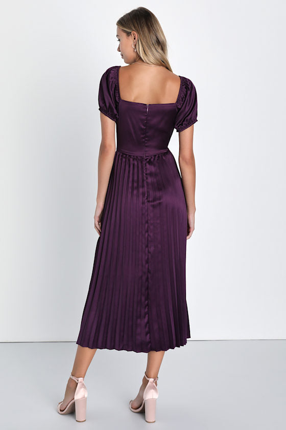 Flawless Forever Dark Purple Satin Pleated Midi Dress