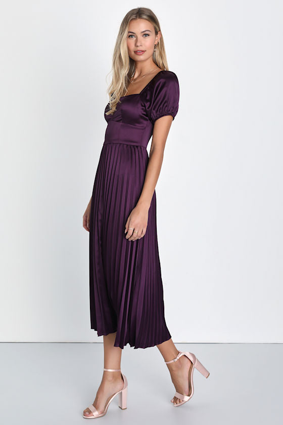 Flawless Forever Dark Purple Satin Pleated Midi Dress