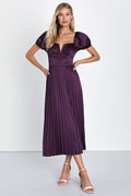 Flawless Forever Dark Purple Satin Pleated Midi Dress