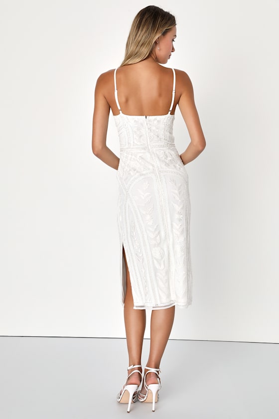 Alluring Interest White Sequin Embroidered Sleeveless Midi Dress