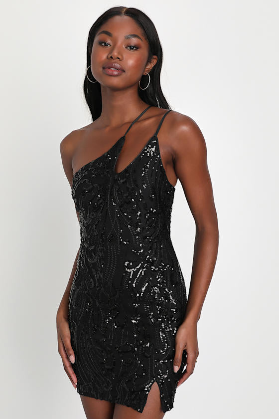 Alluring Shine Black Sequin One-Shoulder Mini Dress