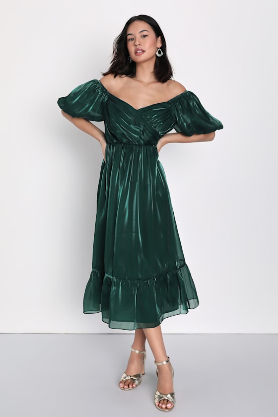 Remarkable Sensation Emerald Green Puff Sleeve Tiered Midi Dress