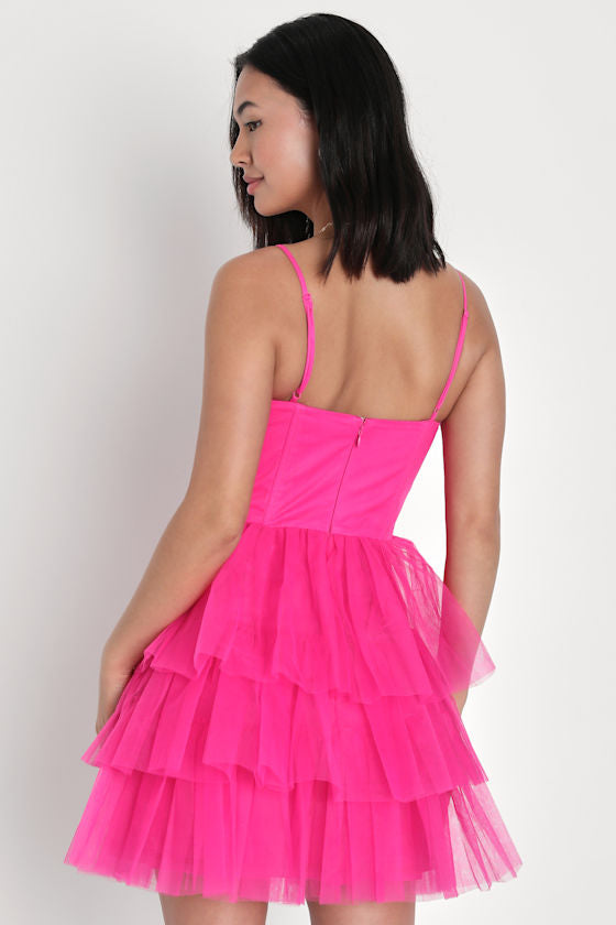 Rule the Runway Hot Pink Tulle Bustier Tiered Mini Dress
