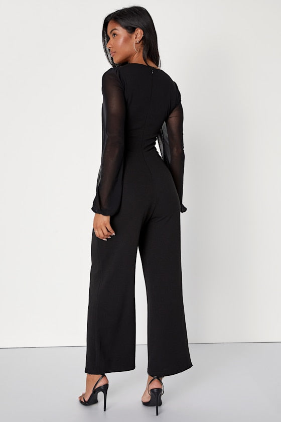 Perfect Charisma Black Mesh Long Sleeve Wide-Leg Jumpsuit