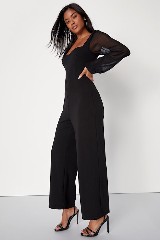 Perfect Charisma Black Mesh Long Sleeve Wide-Leg Jumpsuit