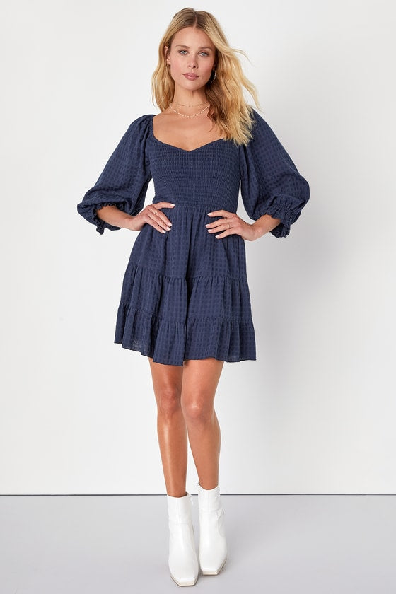 Charming Afternoon Navy Blue Gingham Balloon Sleeve Mini Dress