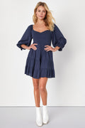 Charming Afternoon Navy Blue Gingham Balloon Sleeve Mini Dress
