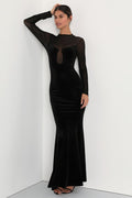 Alluring Fixation Black Velvet Mesh Long Sleeve Maxi Dress