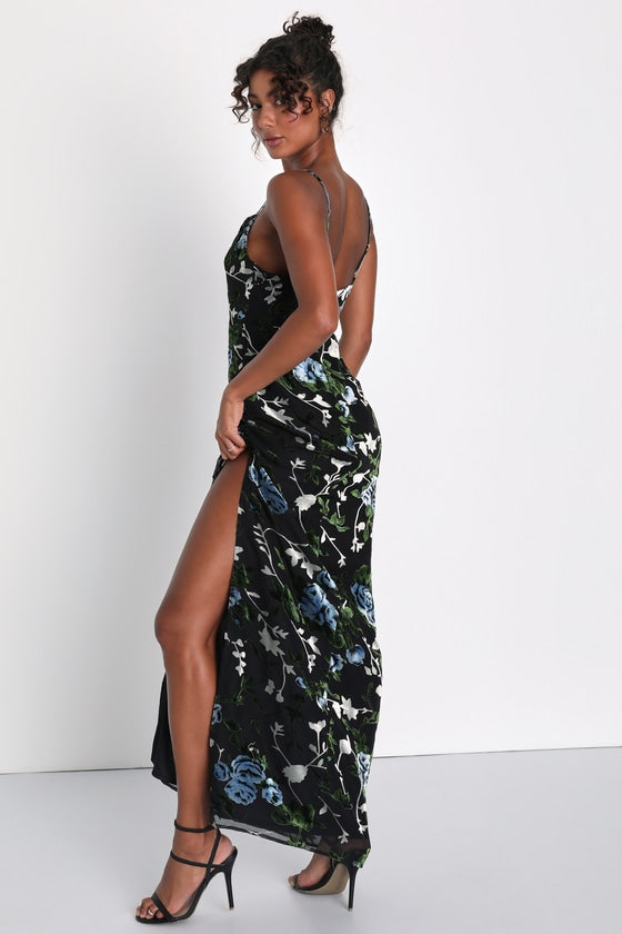 Chic Romantic Black Burnout Velvet Floral Cowl Neck Dress