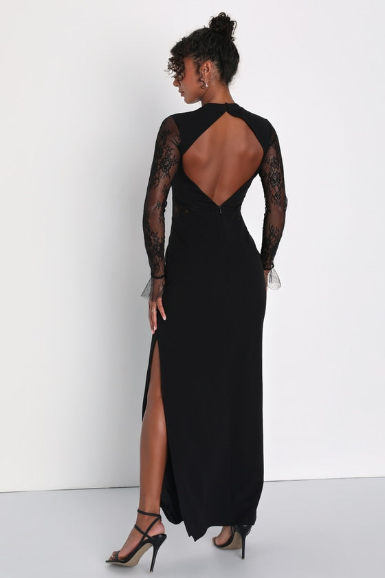 Bragging Rights Black Lace Long Sleeve Column Maxi Dress