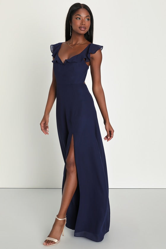 Sweetest Entrance Navy Blue Ruffled Tie-Back Maxi Dress