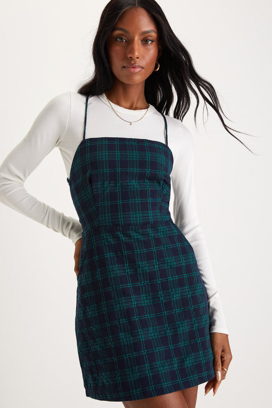 Sweetest Memory Navy Plaid Lace-Up Mini Dress With Pockets