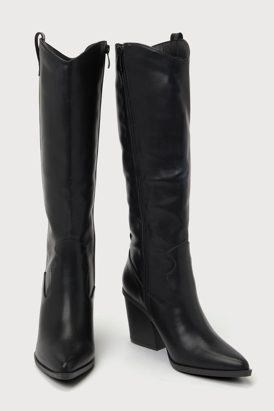 Rauland Black Pointed-Toe Knee-High Western Boots