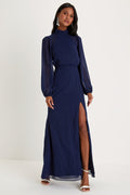 Graceful Entrance Navy Blue Long Sleeve Backless Maxi Dress