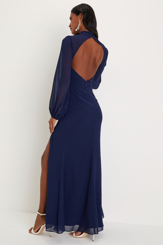 Graceful Entrance Navy Blue Long Sleeve Backless Maxi Dress