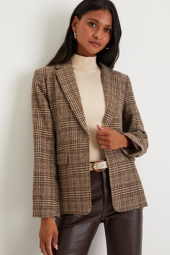 Sophisticated Chic Brown Plaid Tweed Blazer