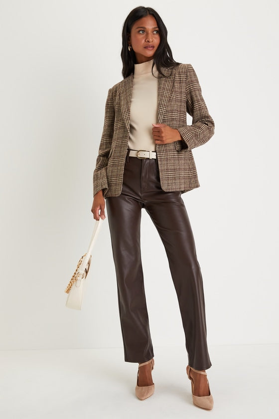Sophisticated Chic Brown Plaid Tweed Blazer