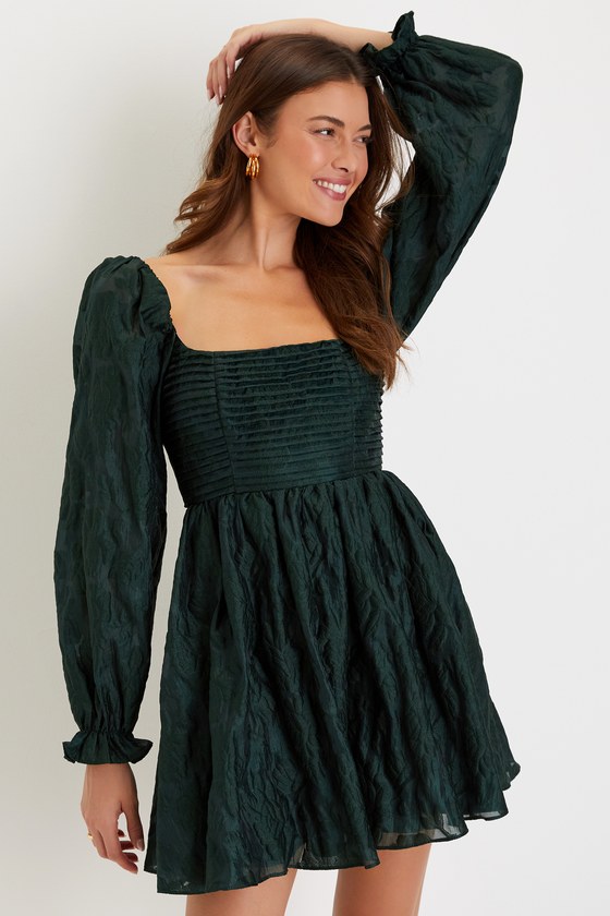 Darling Persona Emerald Green Jacquard Puff Sleeve Mini Dress
