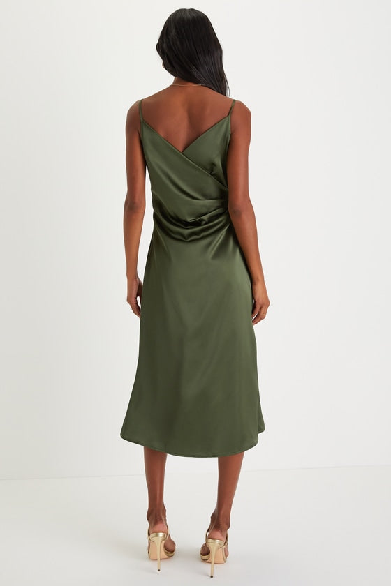 Simplicity of Love Olive Green Satin A-Line Midi Dress
