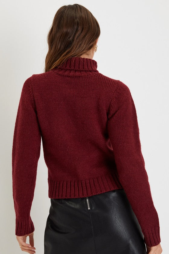 Snuggly Touch Burgundy Cable Knit Turtleneck Sweater