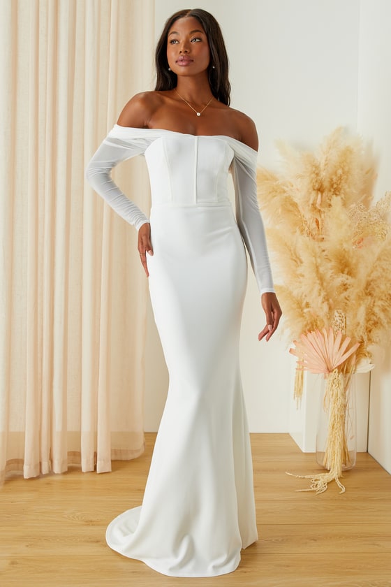 Forever Remarkable White Bustier Off-the-Shoulder Maxi Dress