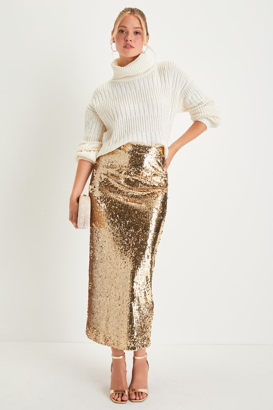 Dazzling Appearance Gold Sequin High-Rise Midi Skirt