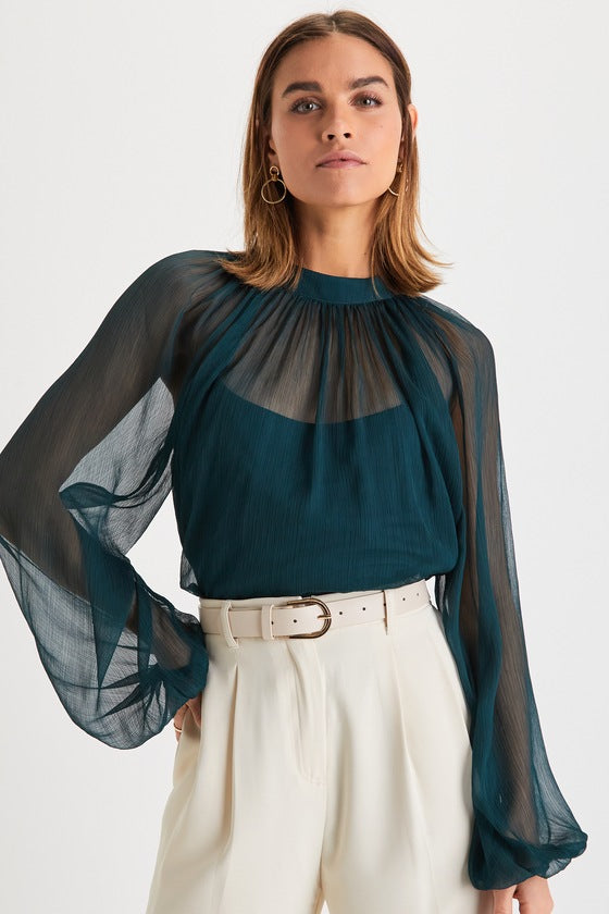 Angelically Airy Emerald Green Balloon Sleeve Top