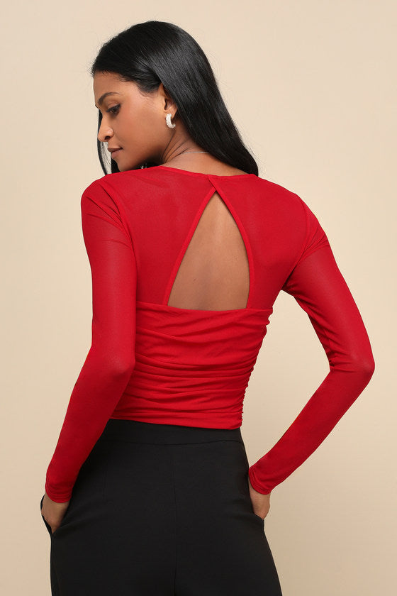 Coy Cutie Red Mesh Bustier Long Sleeve Crop Top