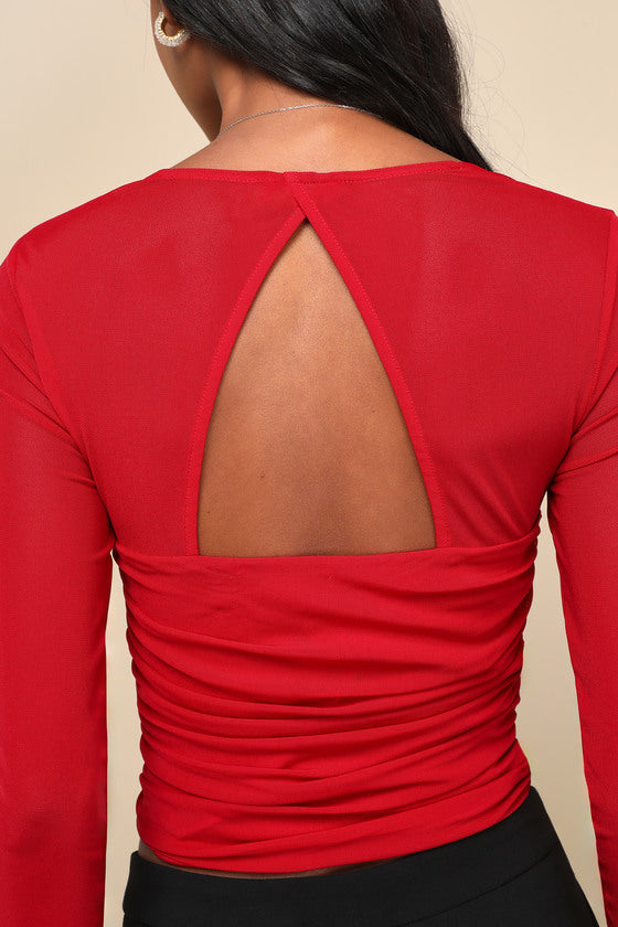 Coy Cutie Red Mesh Bustier Long Sleeve Crop Top