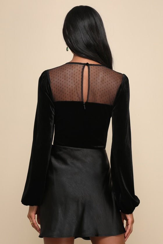 Sweetest Flirt Black Velvet Mesh Swiss Dot Long Sleeve Bodysuit