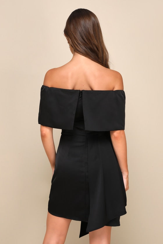Always Celebrating Black Satin Off-the-Shoulder Mini Dress