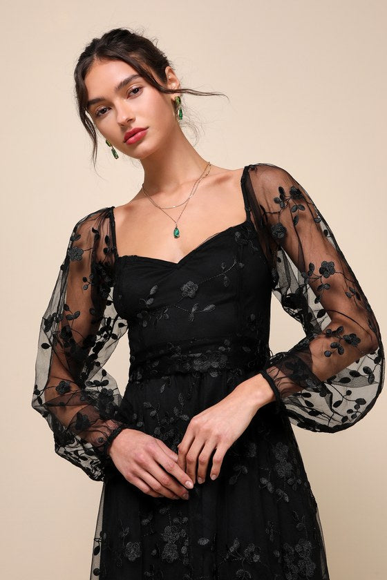 Darling Charisma Black Mesh Embroidered Midi Dress