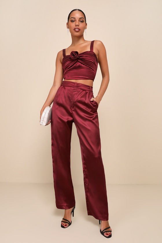 Flawless Behavior Burgundy Satin Pleated Rosette Tank Top