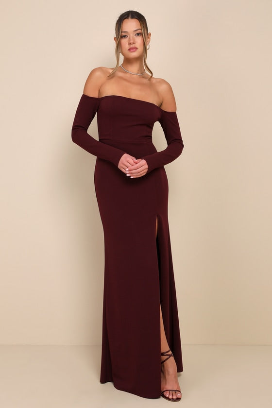 Alluring Sophistication Dark Plum Off-the-Shoulder Maxi Dress