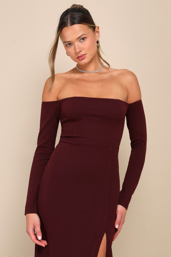 Alluring Sophistication Dark Plum Off-the-Shoulder Maxi Dress