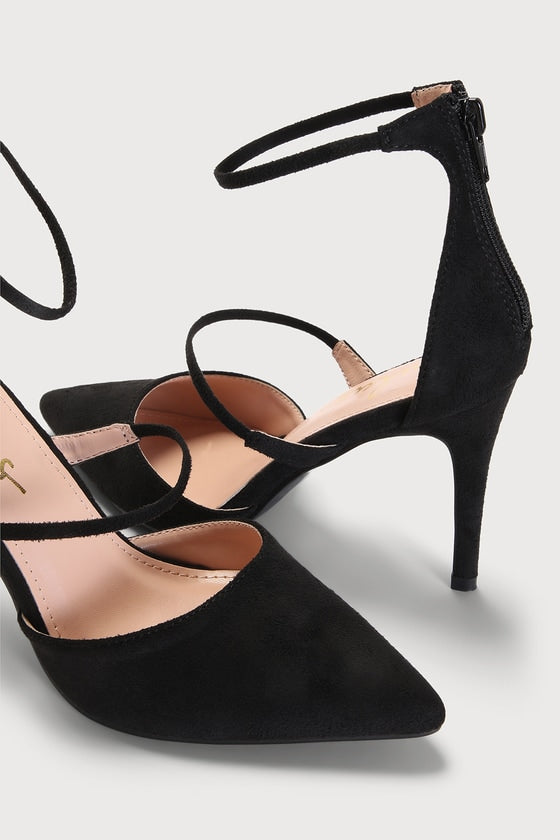 Lovelee Black Suede Pointed-Toe Ankle Strap Pumps