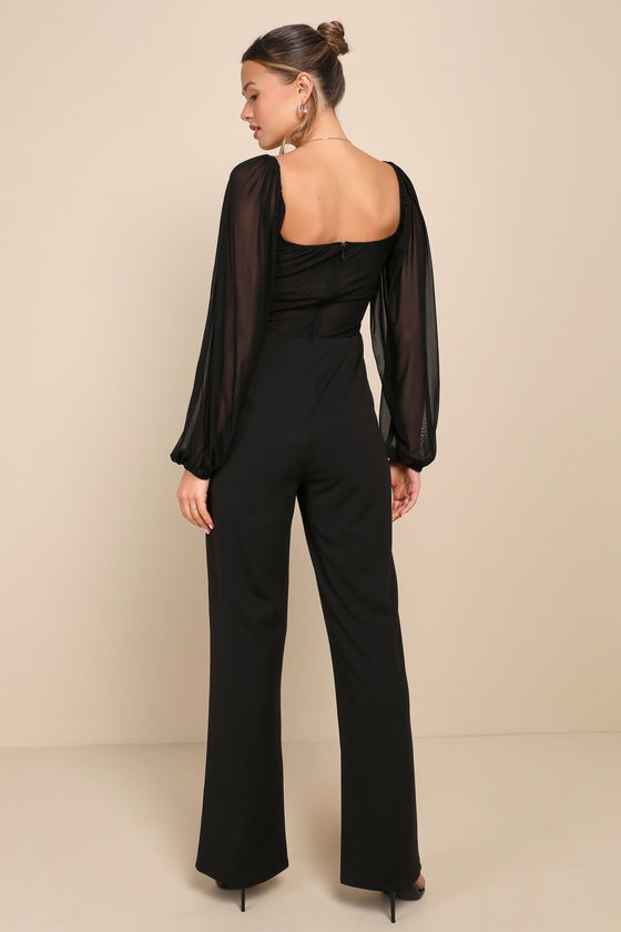 Instant Attraction Black Mesh Lace Long Sleeve Bustier Jumpsuit