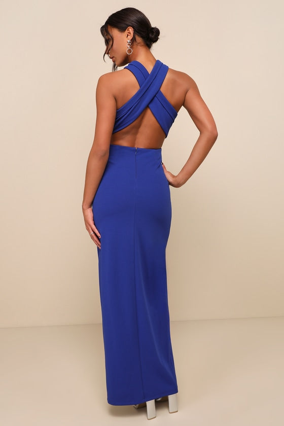 Head to Cocktail Hour Royal Blue Halter Neck Maxi Dress