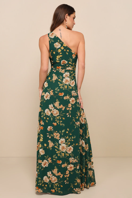 Elegant Admiration Emerald Green Floral One-Shoulder Maxi Dress